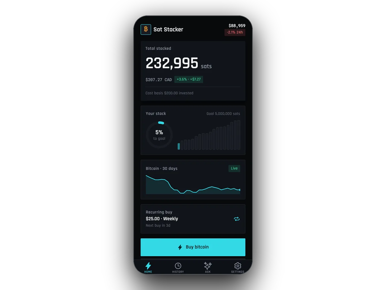 Sat Stacker — Bitcoin DCA savings tracker