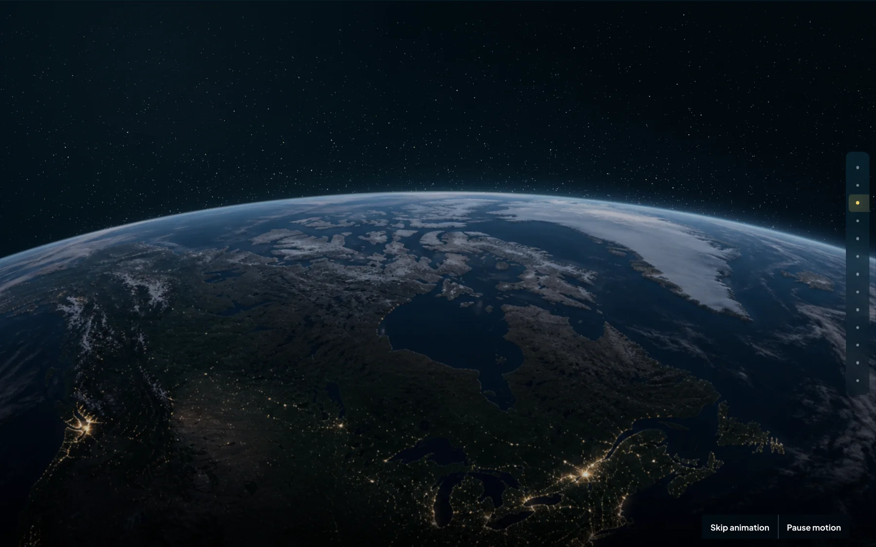 The Global Research Hubs sequence opening on Earth seen from space, with pause and skip controls in the corner.