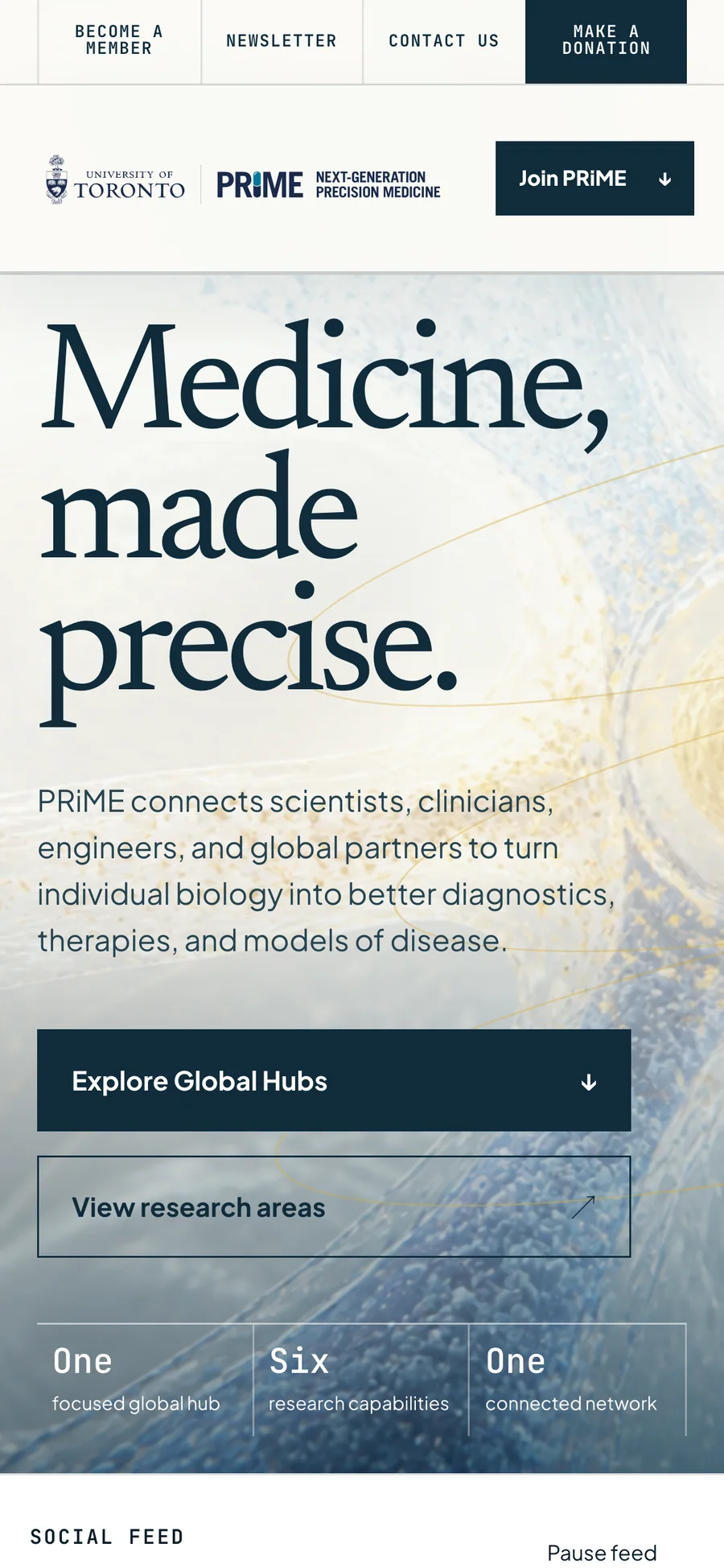 The PRiME concept homepage on a phone: the headline &lsquo;Medicine, made precise&rsquo; above stacked entry points to the global hubs and research areas.