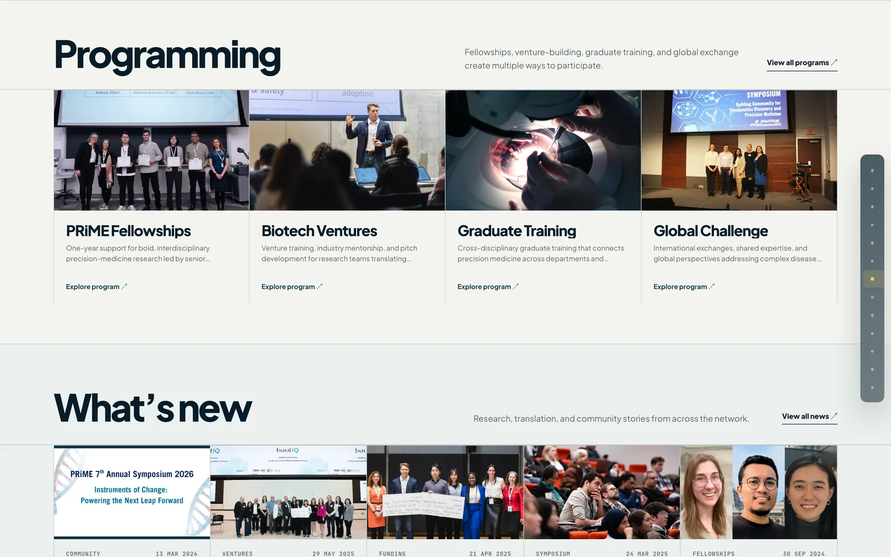 The programming and news sections, showing PRiME fellowships, biotech ventures, graduate training and a global challenge alongside recent news items.